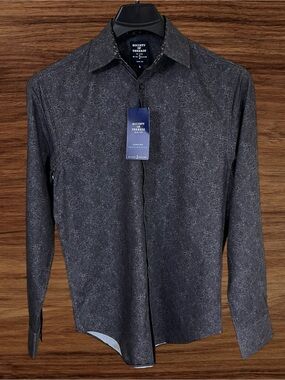 Society of Threads Black/Gray Paisley Dress Shirt. 4-Way Stretch. Slim, Small.